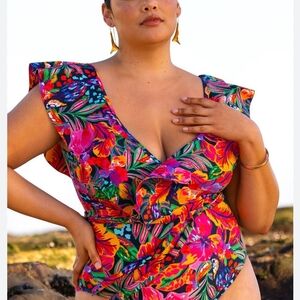 Tropical Floral Ruffle One Piece Swimsuit